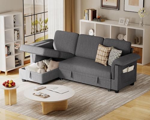 JUMMICO Grey Linen L-Shaped Sleeper Sofa with Storage