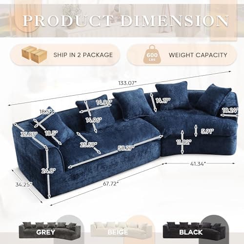 Oversized Curved Corner Sofa, 3 Seater Modern Blue Couch with 5 Throw Pillows