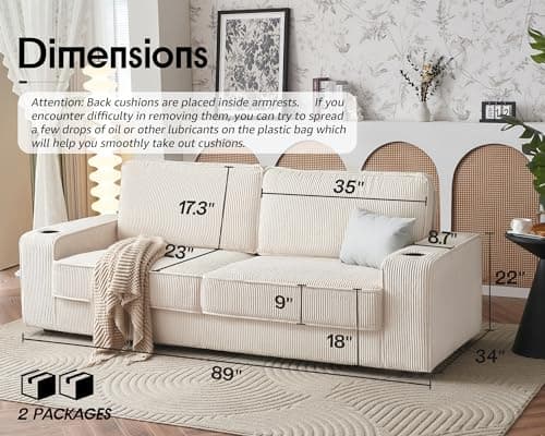 AMERLIFE Beige Corduroy 3 Seater Deep Seat Sofa with USB Ports & Cup Holders