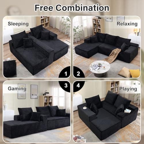107" Modular Left Chaise Sectional Sofa, Modern Cloud Cushion, Black, No Assembly Required