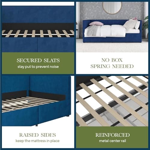 Novogratz Arliss Modern Glam Tuxedo Daybed with Storage, Twin, Blue Velvet
