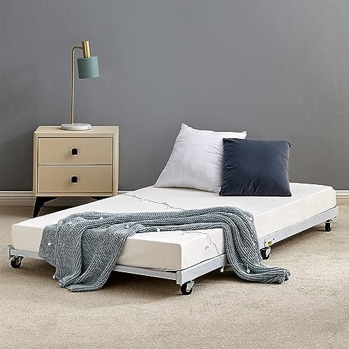 VECELO Twin Trundle Bed Frame with Lockable Casters & Enhanced Metal Support, White
