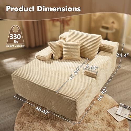 Beige Plush 48" Oversized Chaise Lounge Chair Bed with Throw Pillows
