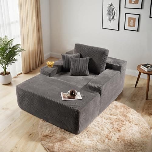 Beige Plush 48" Oversized Chaise Lounge Chair Bed with Throw Pillows