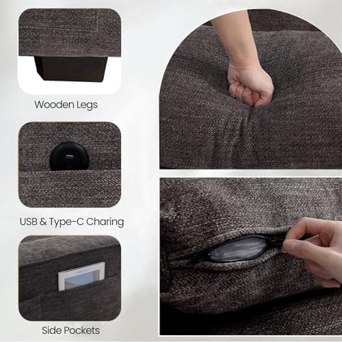 TEKAMON 100" Modular Storage Sofa, Dark Grey Chenille Couch with USBcharging