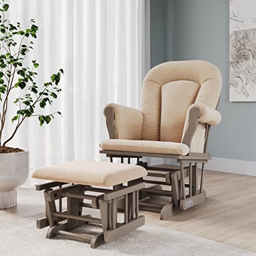 Child Craft Cozy Glider Rocker & Ottoman, Beige Cushion with Storage Pockets