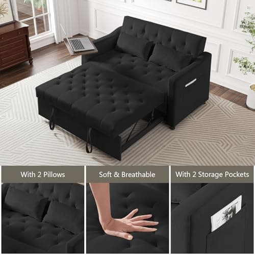3-in-1 Loveseat Sleeper with 360° Rotating Table, Black