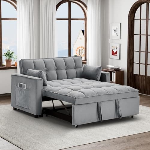 Convertible Sleeper Sofa Couch with Pullout Bed, Loveseat with Storage and Pillows, Modern Futon Couch Bed for RV, Living Room, Bedroom and Small Space in Black Teddy