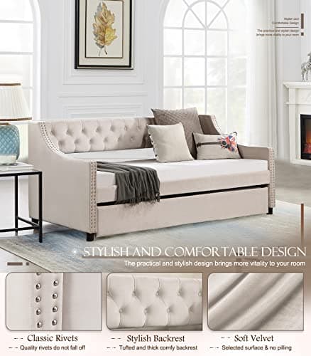 Beige Tufted Button Twin Daybed with Trundle, Modern Upholstered Velvet Sofa Bed