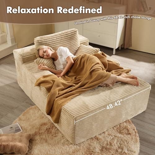 Beige Plush 48" Oversized Chaise Lounge Chair Bed with Throw Pillows