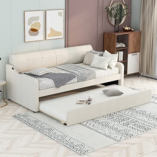 Bellemave Expandable Daybed with Trundle & USB Charging, Beige