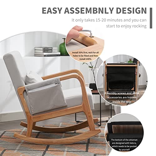 Light Gray Nursery Rocking Chair with Ottoman, Glider Chair for Mom and Seniors