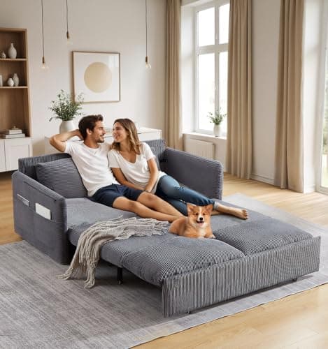 Antetek 3-in-1 Convertible Futon Sofa Bed, Grey Corduroy Queen Size