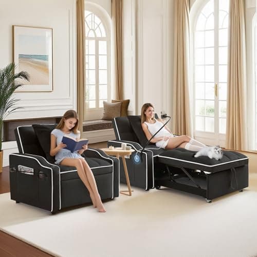 Modern Velvet Sleeper Sofa Bed with Charging Ports, Black