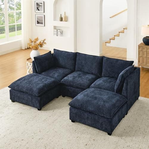 Oversized Chesterfield U-Shaped Couch with Ottomans & Chaise, 6 Seat, Blue Linen Fabric