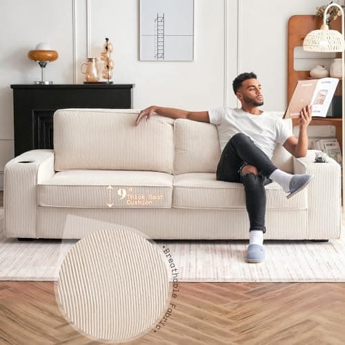 AMERLIFE Beige Corduroy 3 Seater Deep Seat Sofa with USB Ports & Cup Holders