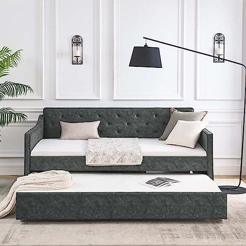 Antetek Twin Size Daybed with Trundle – Grey Fabric Sofa Frame, No Box Spring Needed for Bedroom, Living Room, Guest Room