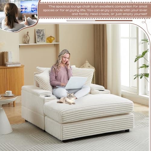Modern Oversized Chaise Lounge Chair with Cup Holders for Living Room or Bedroom