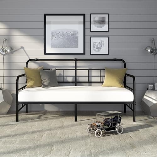 Black Metal Twin Size Daybed with Headboard, Heavy Duty Steel Slats, No Box Spring Needed, Easy Assembly