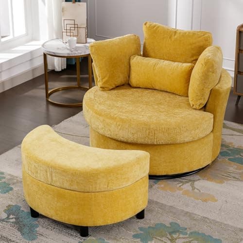 Antetek Green & Yellow Oversized Swivel Chair with Storage Ottoman