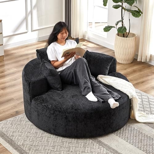 Oversized Round Chenille Deep Seat Chaise Longue Chair, Modern Black for Living Room & Bedroom