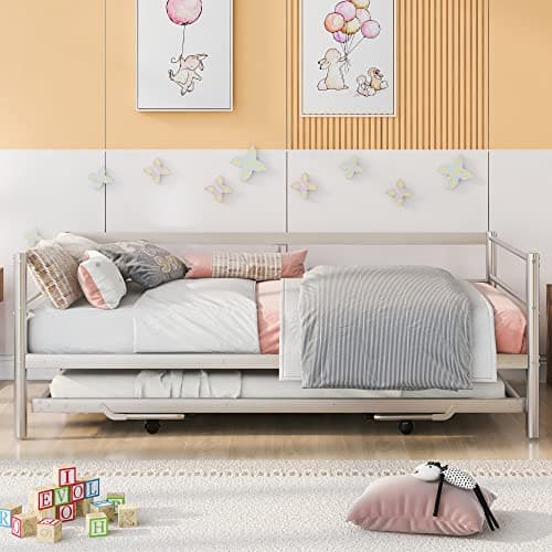 Merax Twin Size Adjustable Metal Daybed with Pop Up Trundle, Steel Slats Support, Silver