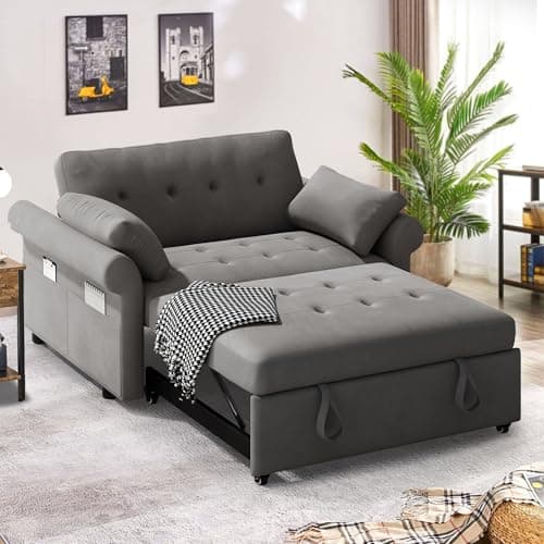 DWVO 3-in-1 Reclining Sleeper Sofa Bed, 56" Loveseat with Storage, Grey