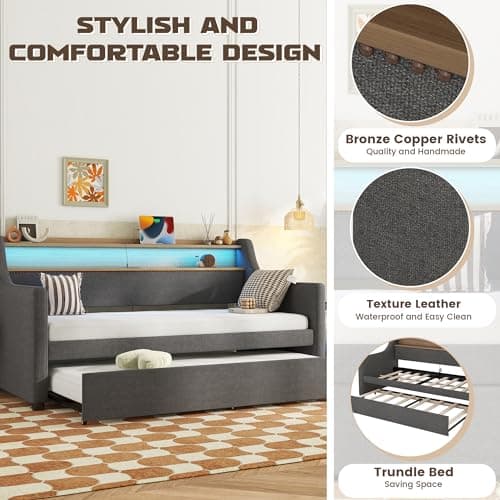 TwinSize Daybed with Charging Station & LED Lights, Gary's Slat Support Snooze Sofa