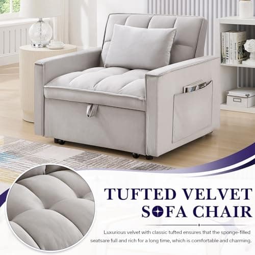 Grey Convertible Velvet Sleeper Sofa Chair Bed with Adjustable Backrest