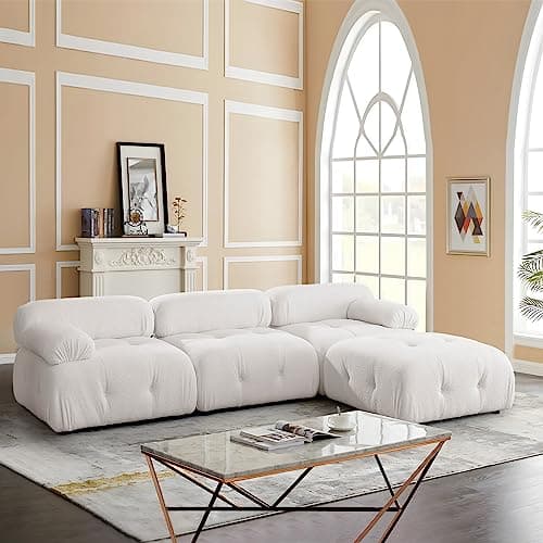 Antetek Modern Velvet L-Shaped 3-Seater Sofa with Movable Ottoman, 93-inch L Couch Furniture Set, Pink