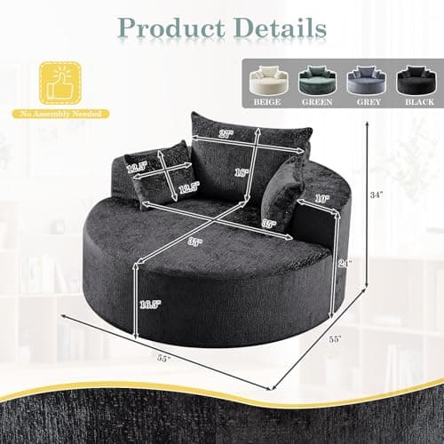 Modern Oversized Black Round Chaise Longue Chair for Living Room and Bedroom, 55-inch Upholstered Chenille Deep Seat Circle Single Cloud Lounge Floor Sofa Chair