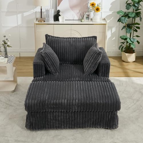 Oversized Beige Chaise Lounge Chair with Ottoman and Throw Pillows