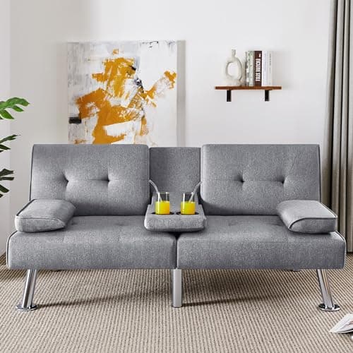 Yaheetech Light Gray Reversible Couch Bed with Removable Arms & Cup Holders