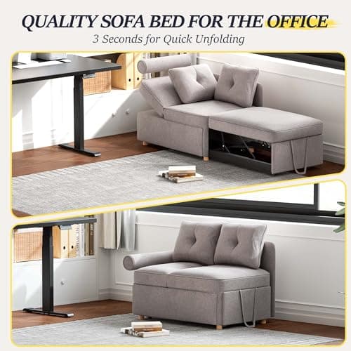 4-in-1 Sleeper Sofa Bed Linen Fabric Couch with 2 Throw Pillows & Single Recliner