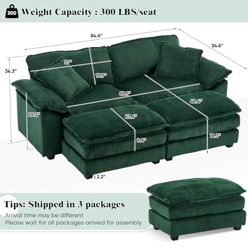 Modern Green L-Shaped Sectional with Movable Ottoman for Living Room