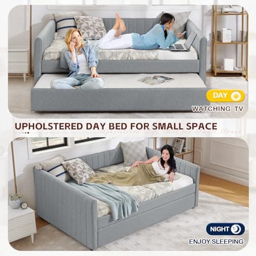 Antetek Full Size Linen Daybed with Twin Trundle, Grey