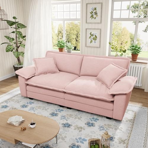 80.5-inch Modular Sectional Couch with Ottoman, Modern Oversized Corduroy Cloud Fluffy Deep Seat Loveseat Chaise Lounge Sofa with 2 Throw Pillows for Living Room Bedroom Apartment, Gray