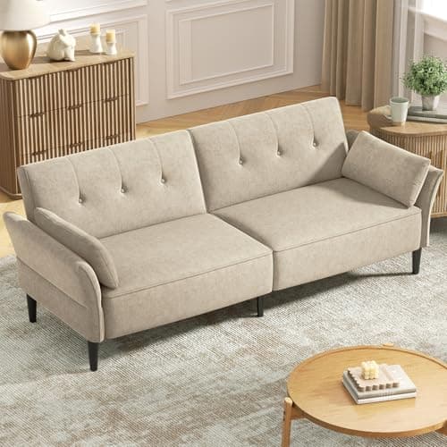 Modern 89 Velvet Futon Sofa Bed with Pillows - Beige Color