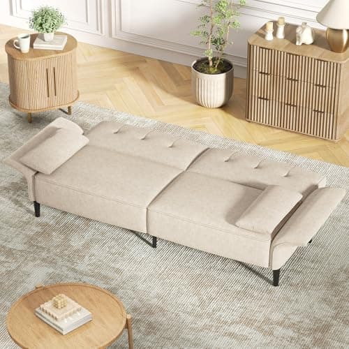 Modern 89 Velvet Futon Sofa Bed with Pillows - Beige Color