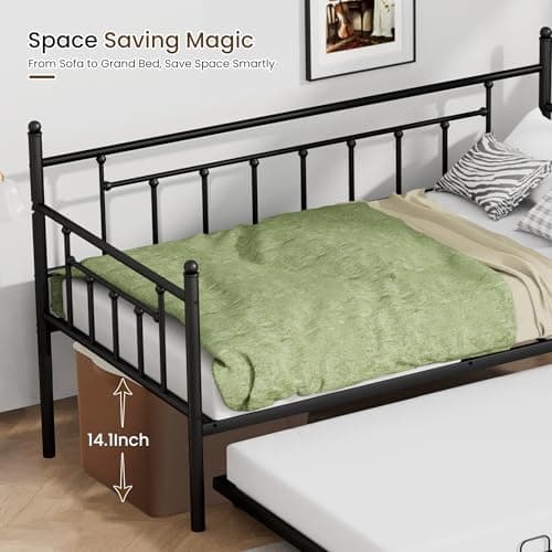Black Twin Daybed with Backrest for Living Room, Bedroom, Kids Room, Guest Room
| Heavy Duty Metal Slats Platform Twin Daybed with Trundle for Bedroom and Guest Room
| Metal Trundle Frame with Pull Out Bed for Kids and Guest Room
