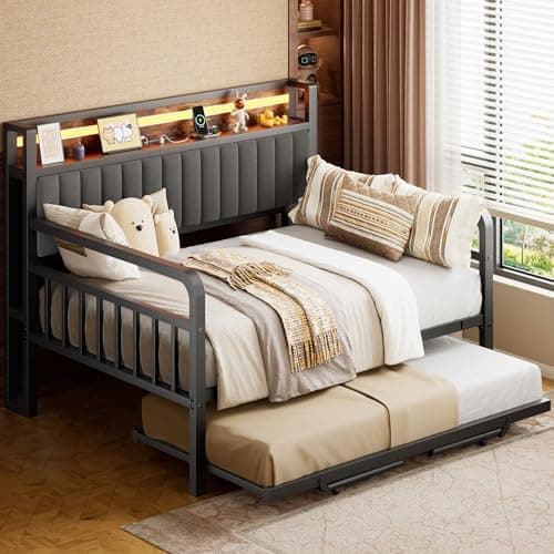 Daybed with Trundle and LED Light, Heavy Duty Metal Twin Bed Frame with Upholstered Storage Headboard & Charging Station, Day Bed Pop Up Trundle Bed Twin for Living Room,Bedroom and Guest Room (Black)