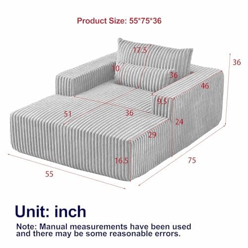 Oversized Gray Corduroy Chaise Longue Chair for Living Room & Bedroom