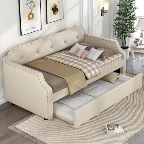 LZ LEISURE ZONE Beige Twin Size Daybed with Trundle for Bedroom Living Room
