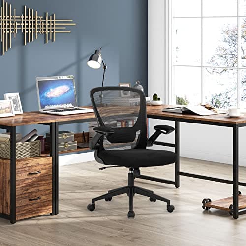 Modern Black Executive Mesh Chair with Lumbar Support and Flip-up Armrests