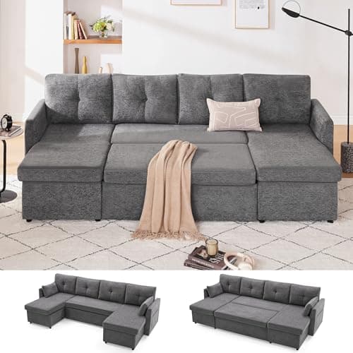 Light Grey 110 Inch 2-in-1 Pullout Couch Bed with Storage Chaise