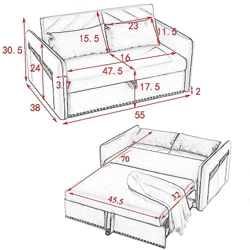 Modern Velvet Sleeper Sofa Bed with USB Port, Small 3-in-1 Convertible Loveseat Couch for Small Spaces, Black