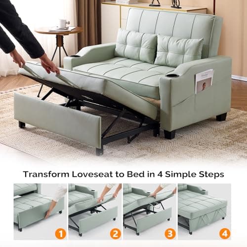 VINGLI Light Green Faux Leather Pullout Sofa Bed with USB Ports