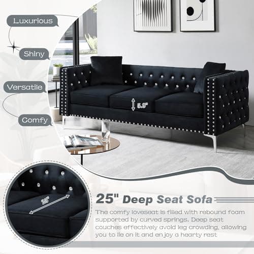 Modern Velvet Sofa Couch, 82 Inch Upholstered 3 Seater with Crystal Buttons and Pillows for Living Room, Apartment, Office - Black