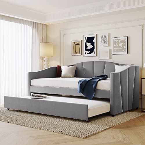 Blue Velvet Upholstered Daybed with Trundle and Backrest