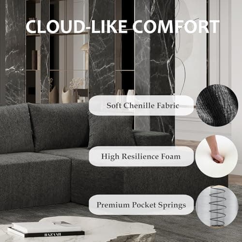 108" Dark Gray Modern Minimalist Chenille Sectional with L-Shape Chaiseeci:.Products:Living Room Sofa